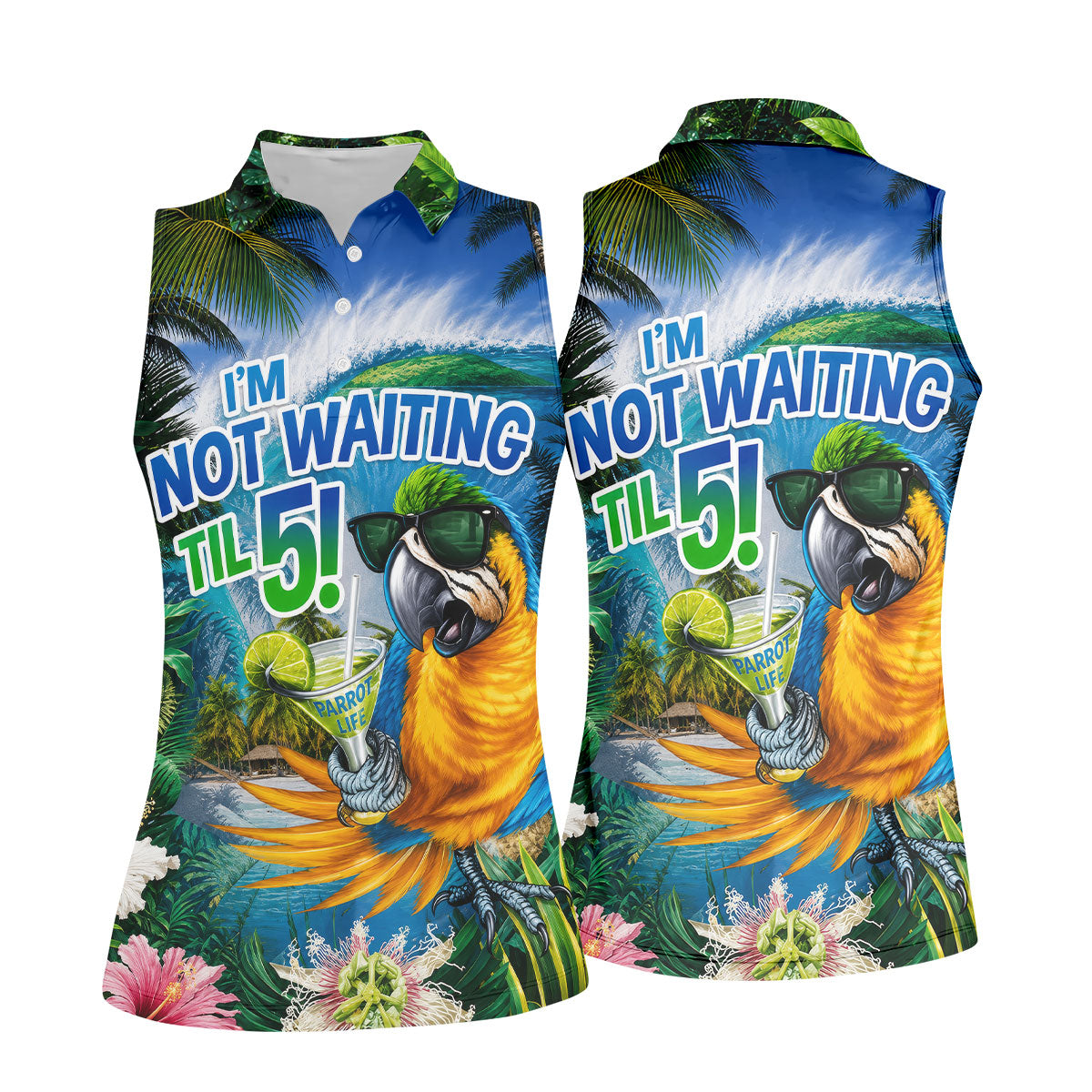 Parrot Life Not Waiting Til 5 Tropical Golf Shirt, Golf Tops For Women, Women’s Golf Apparel, Printed Golf Shirt