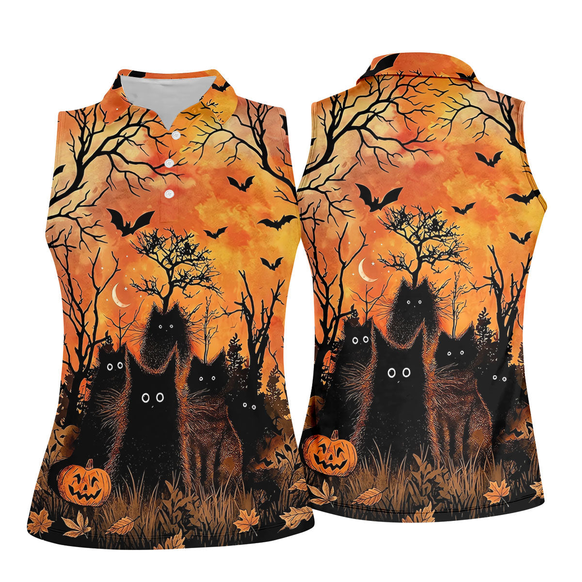 Spooky Black Cat Halloween Golf Polo Shirt, Women's Golf Polo, Ladies Golf Shirts