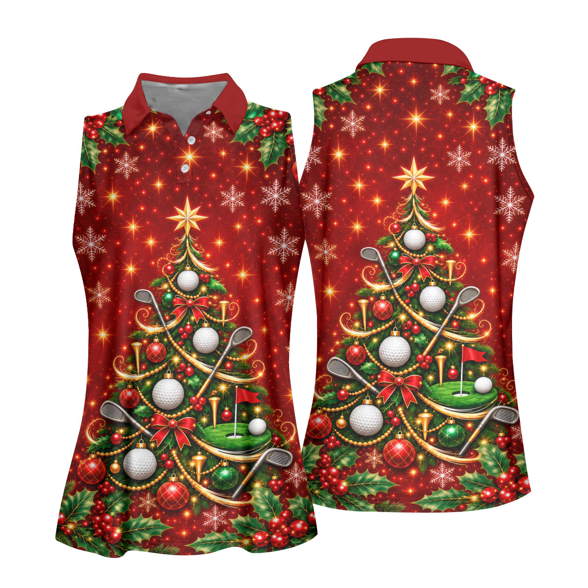 Golf Ball And Club Tree Christmas Golf Shirt, Ladies Golf Shirts, Golf Tops For Women