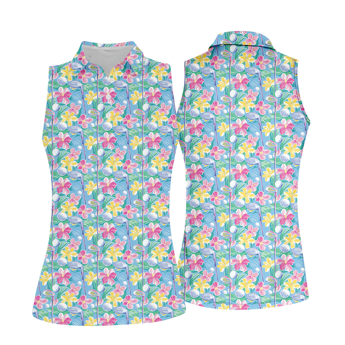 Tropical Floral Golf Clubs Hawaiian Golf Polo Shirt, Women's Golf Polo, Golf Tops For Women