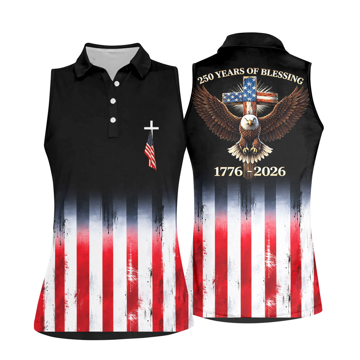 250 Years Of Blessing Faith Cross American Flag Golf Shirt, Patriotic 4th Of July Golf Shirt For Women