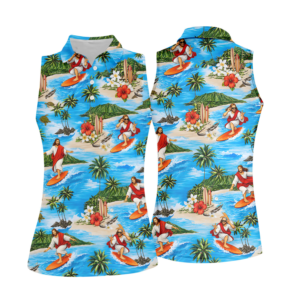 Funny Beach Surfer Jesus Hawaiian Golf Shirt, Golf Polo For Women, Printed Golf Shirt