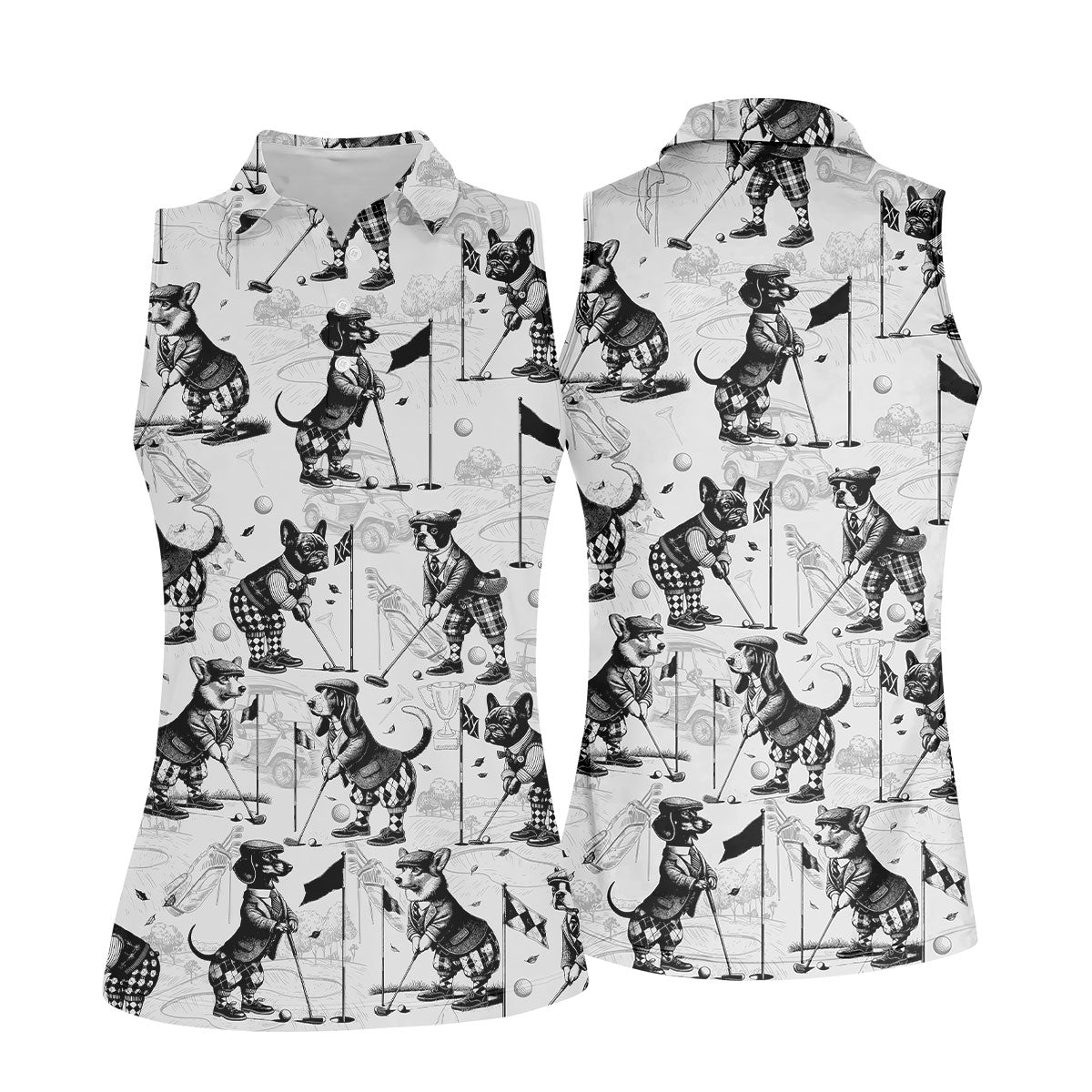 Vintage Golfing Dogs Pattern Golf Polo Shirt, Women’s Golf Polo, Golf Tops For Women