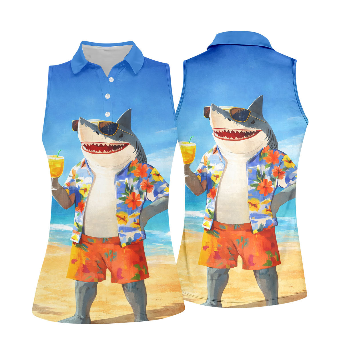 Funny Shark On Tropical Beach Vacation Golf Polo Shirt, Golf Shirts For Women, Women's Golf Apparel