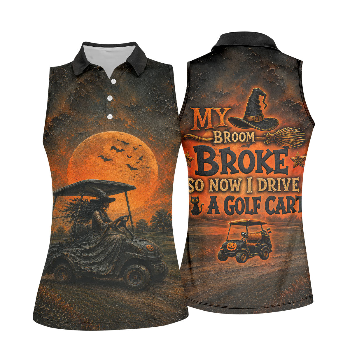 My Broom Broke So Now I Drive A Golf Cart Halloween Shirt, Golf Polo For Women, Women's Golf Apparel
