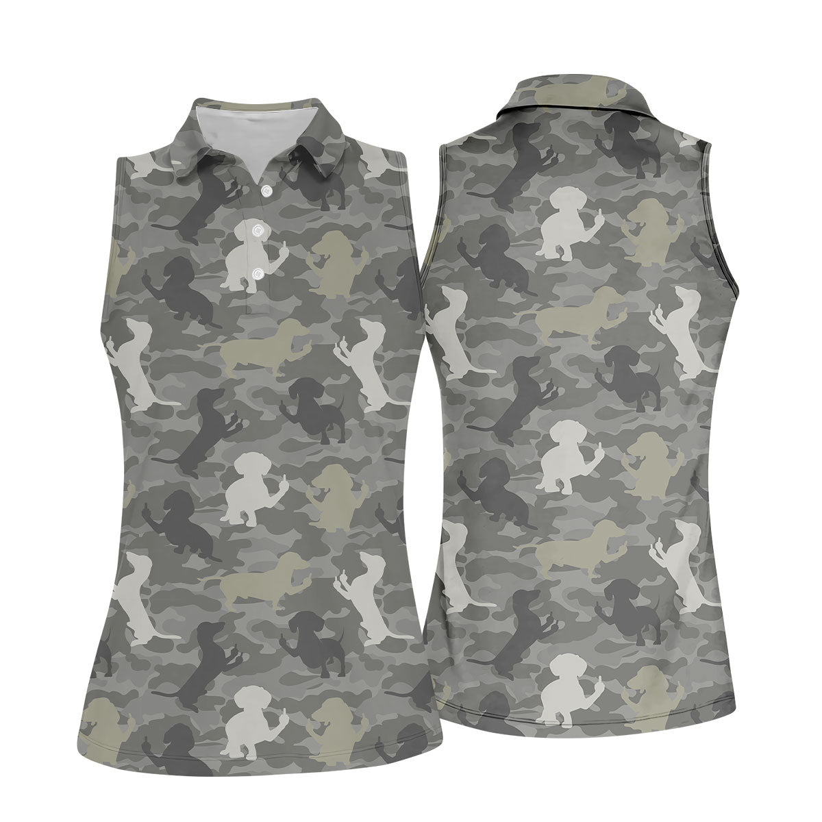 Grey Camo Poodle Dog Pattern Womens Golf Shirt, Womens Polo Shirt, Golf Shirt For Women