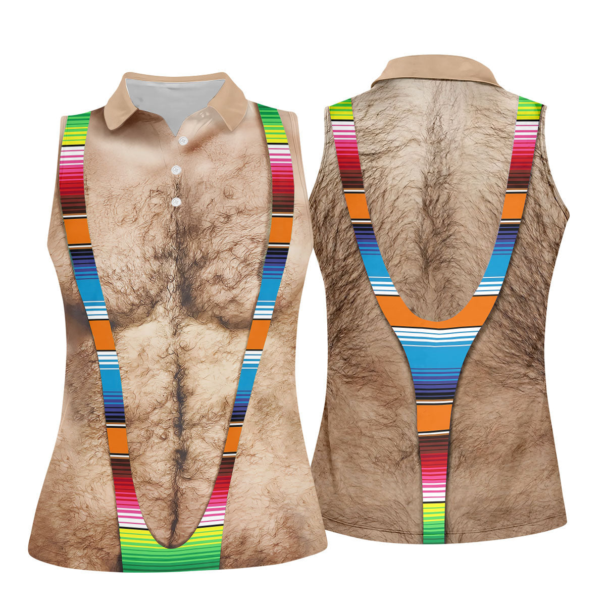 Hairy Body Serape Pattern Funny Cinco De Mayo Ladies Golf Tops, Golf Shirt For Women