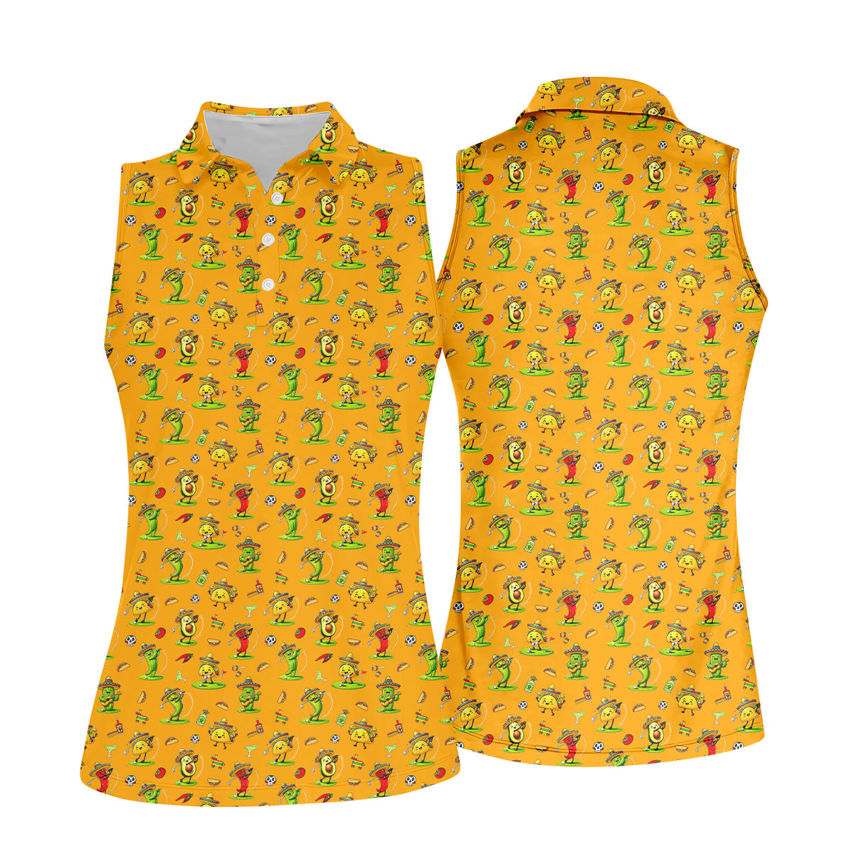 Mexican Cartoon Food Characters Cinco De Mayo Celebration Fiesta Themed Orange Golf Shirt For Women