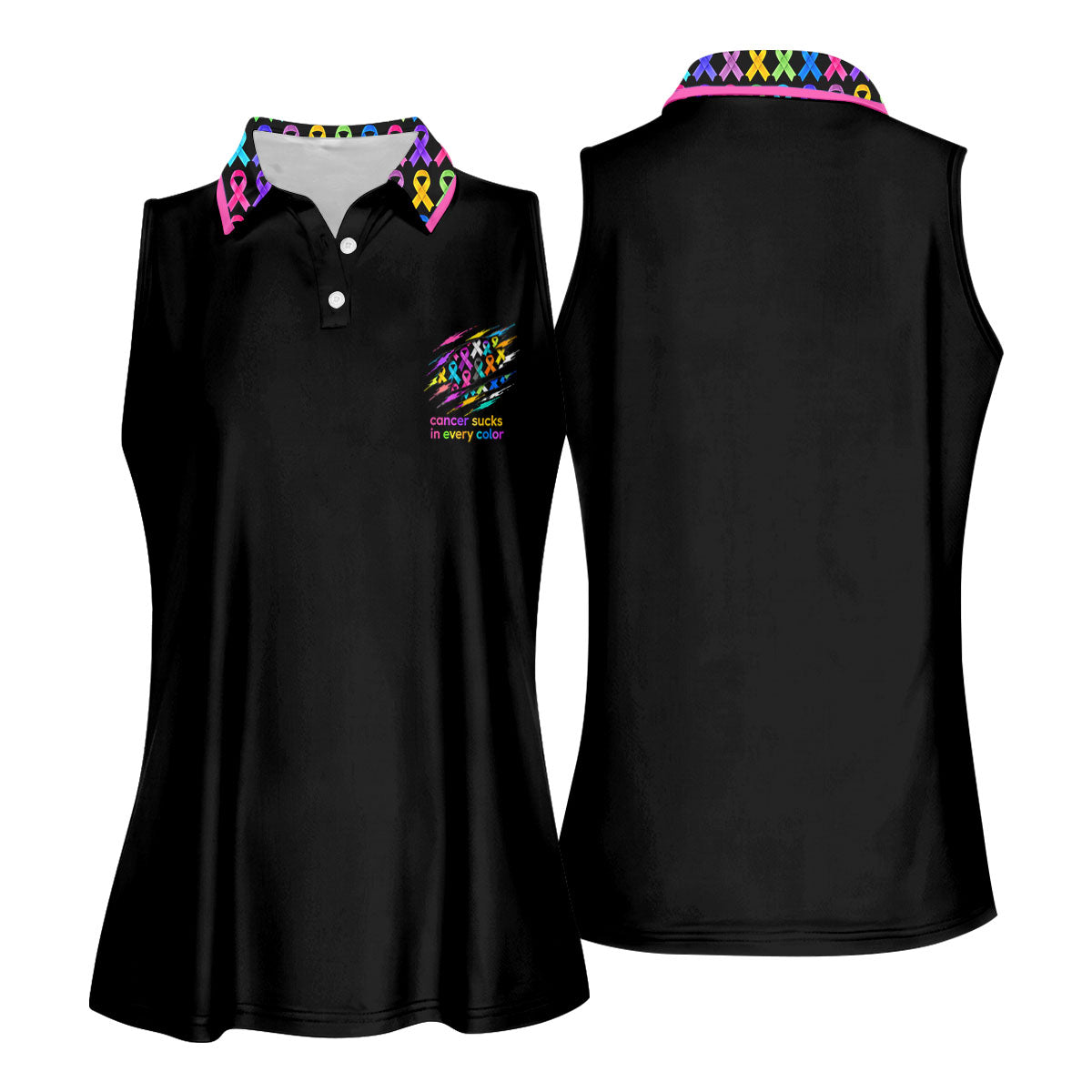 Cancer Sucks In Every Color Awareness Ribbon Golf Polo Shirt, Women's Golf Polo