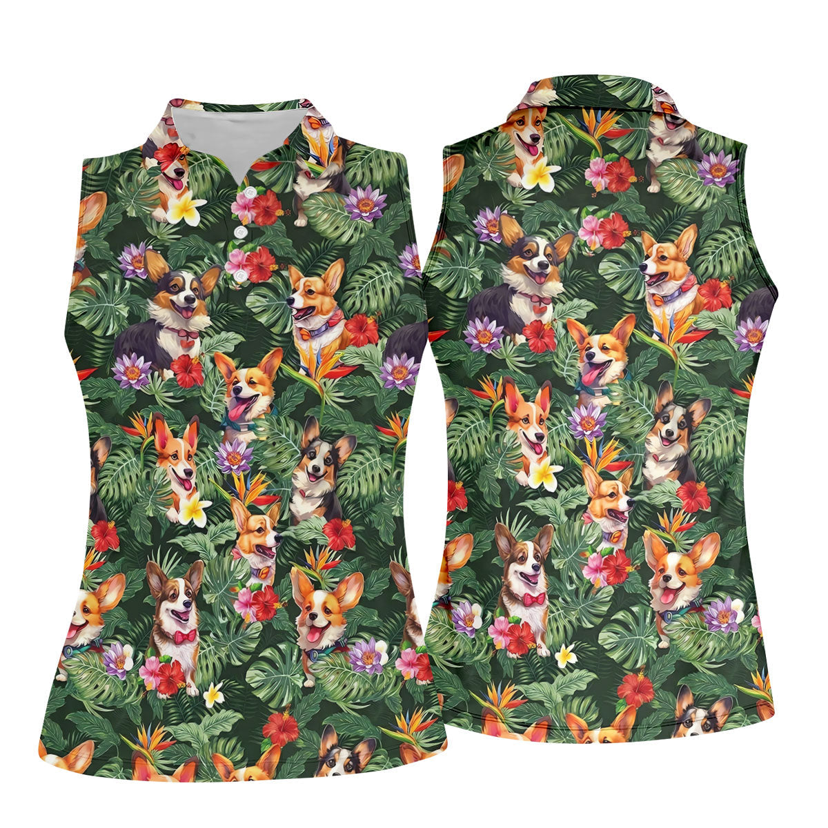 Tropical Corgi Dog Hawaiian Golf Polo Shirt, Golf Shirts For Women, Women's Golf Apparel