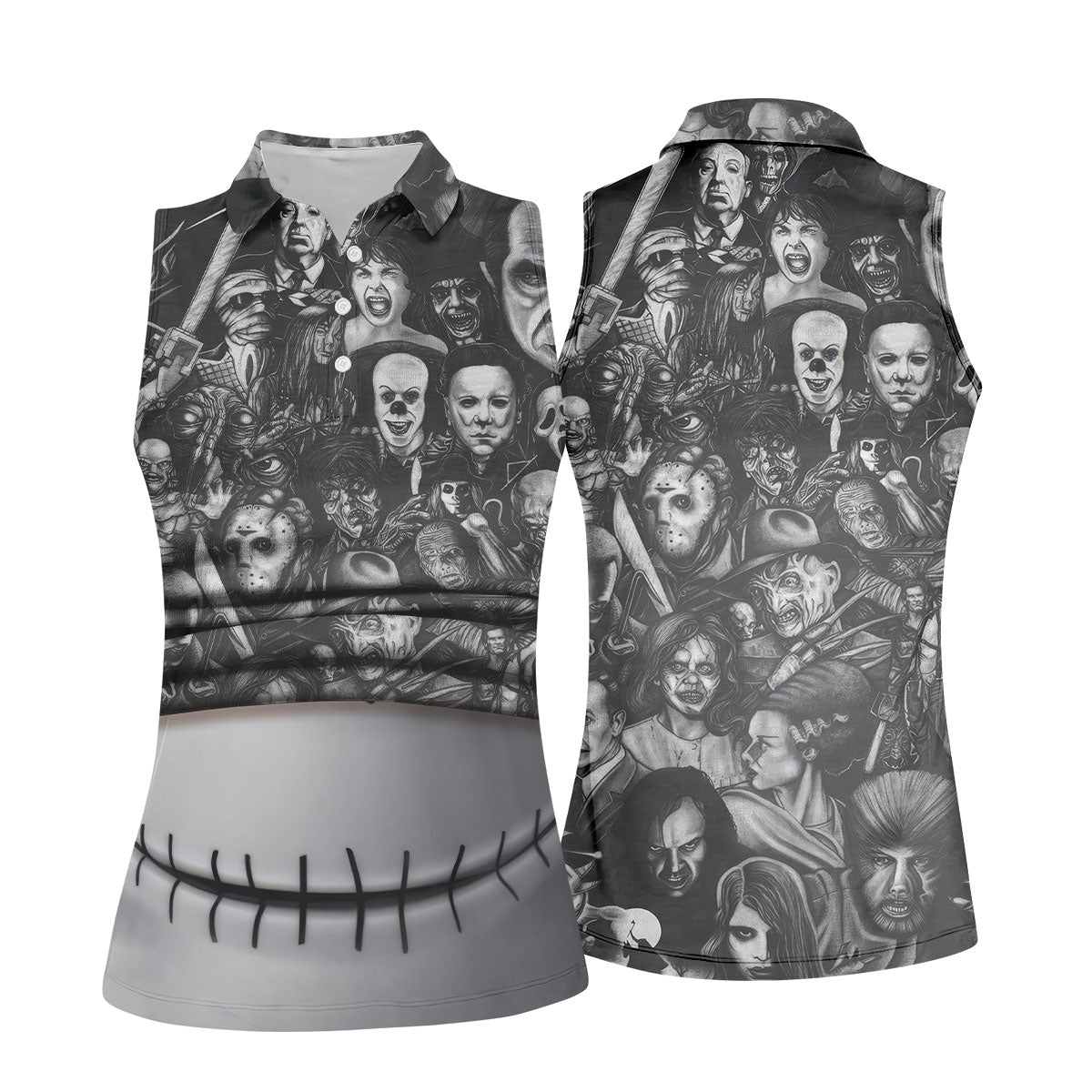 Stitched Skull Horror Character Halloween Polo Shirt, Women's Golf Tops, Ladies Golf Top