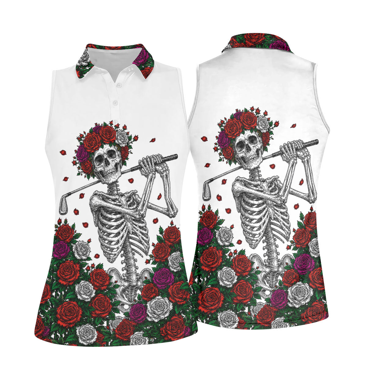 Rose Crown Skeleton Golfer Halloween Polo Shirt, Golf Tops For Women, Ladies Golf Top