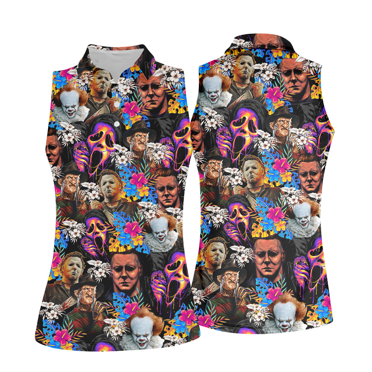 Tropical Horror Character Hawaiian Golf Shirt, Women's Golf Polo, Halloween Golf Shirt