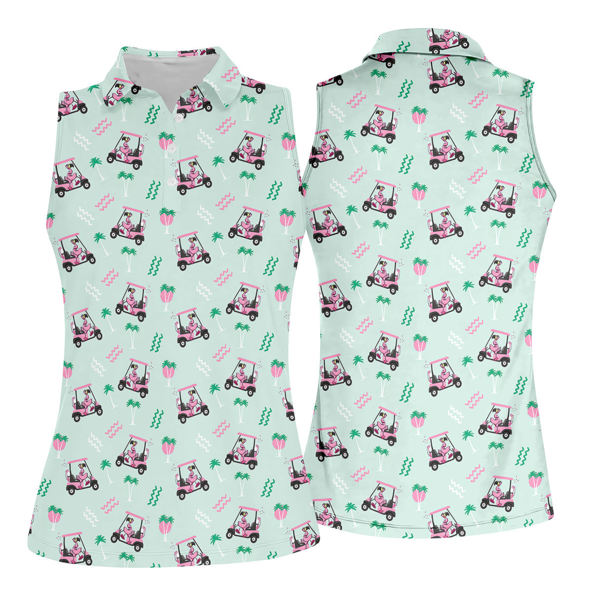 Funny Flamingo Golf Cart Tropical Pattern Polo Shirt, Ladies Golf Top, Golf Tops For Women