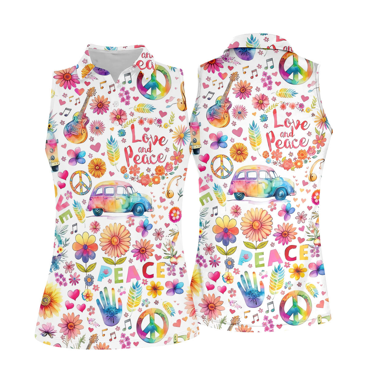 Retro Love Peace Van Floral Hawaiian Golf Shirt, Women’s Golf Tops, Performance Golf Shirt