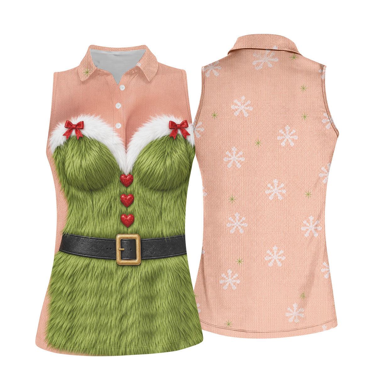 Green Furry Christmas Costume Polo Shirt, Women’s Sleeveless Golf Shirt, Ladies Golf Top