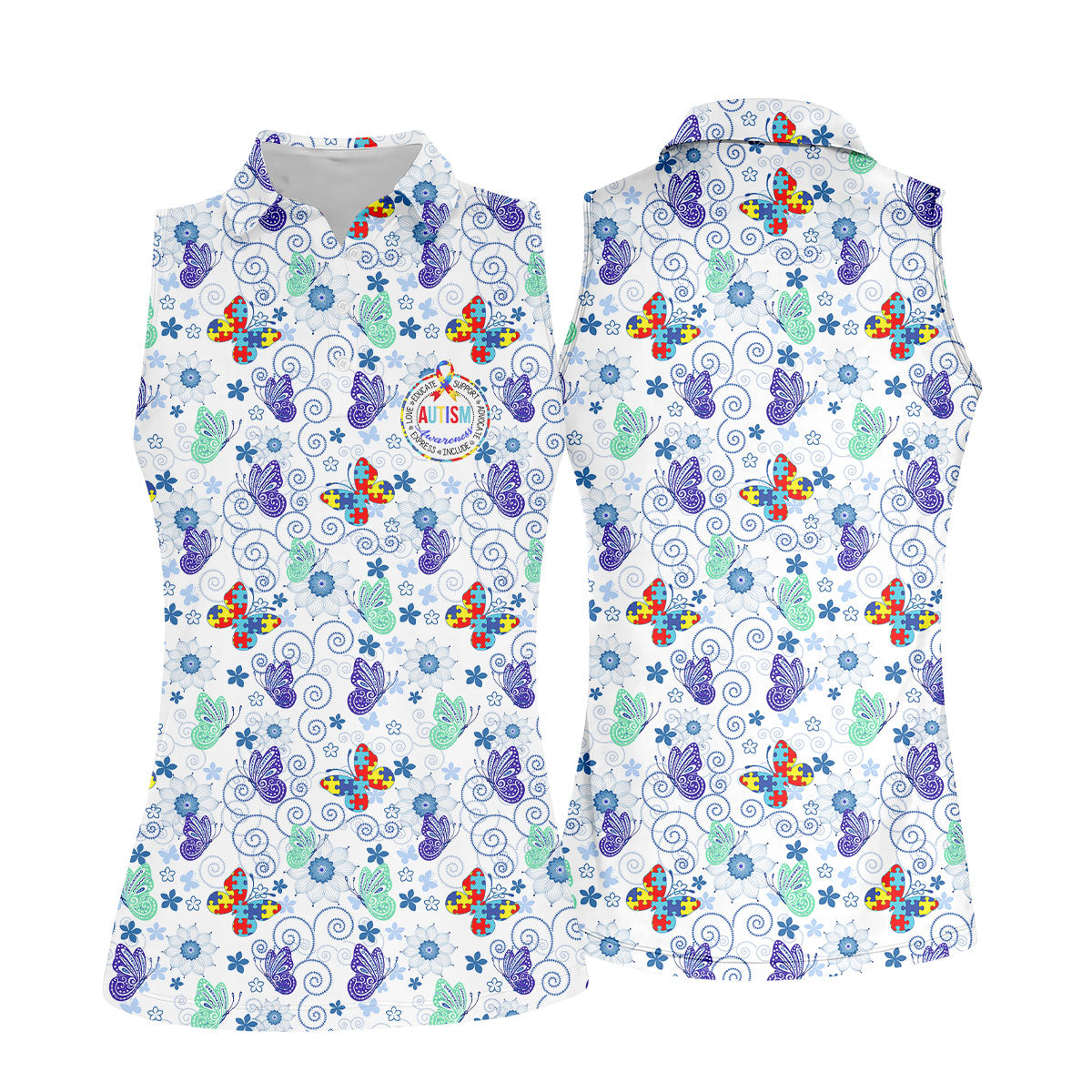 Autism Awareness Colors Puzzles Butterfly Floral Golf Shirt, Women's Golf Tops, Ladies Golf Shirts