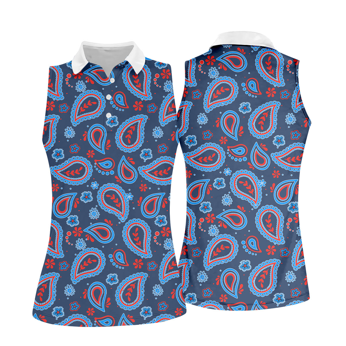 Blue Red Paisley Pattern Golf Polo Shirt, Women's Golf Polo, Golf Shirts For Women