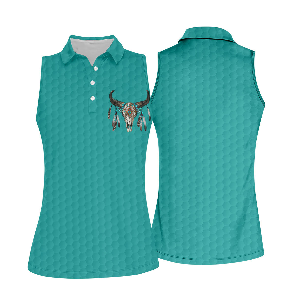 Turquoise Southwestern Bull Skull Golf Polo Shirt, Golf Tops For Women, Hawaiian Golf Shirt