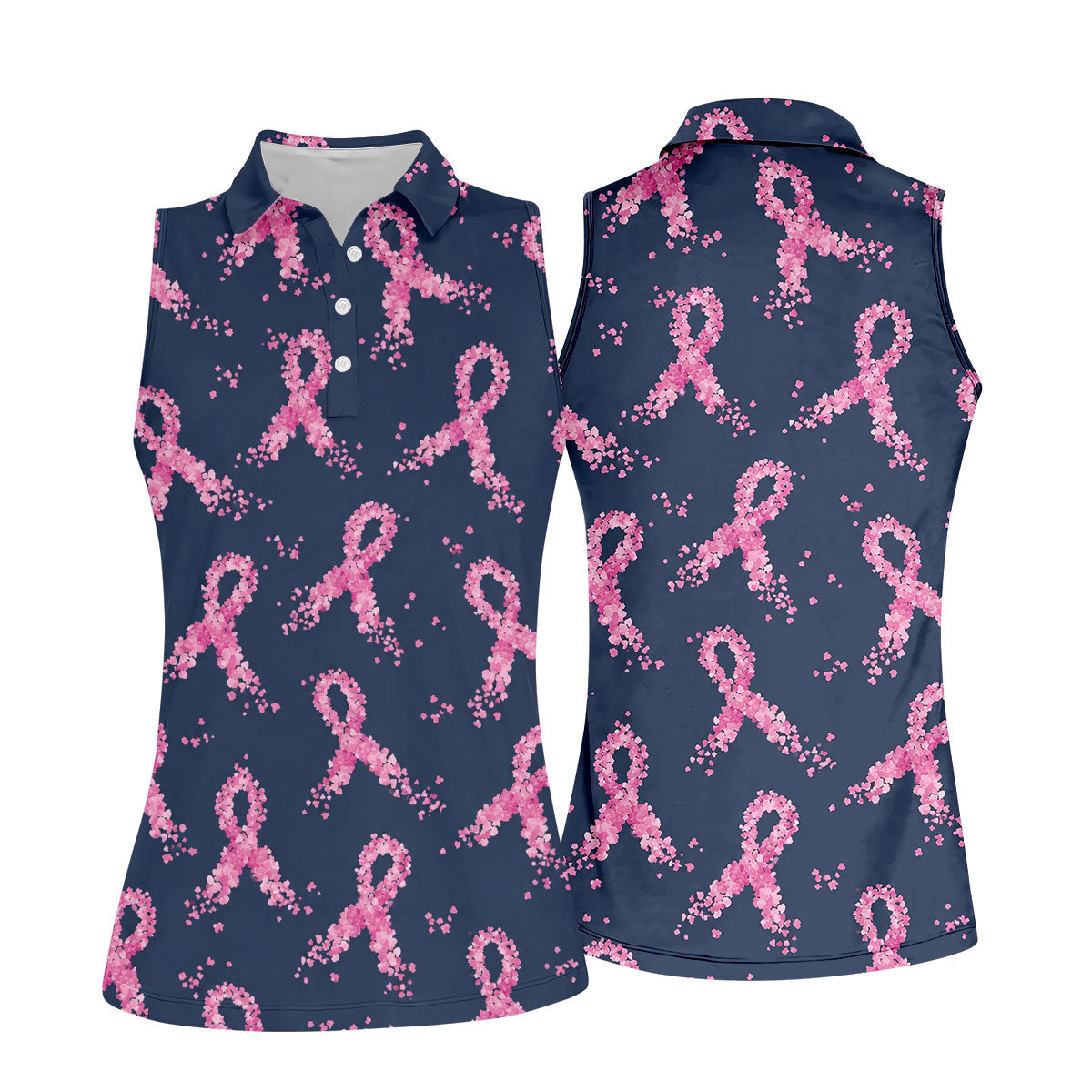 Pink Floral Ribbon Breast Cancer Awareness Polo Shirt, Ladies Golf Shirt, Performance Golf Shirt