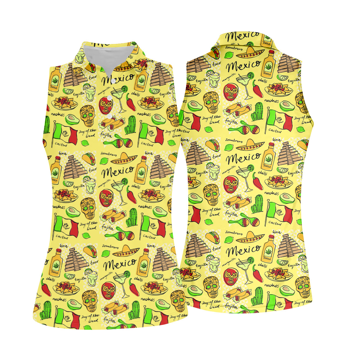 Mexican Cultural Symbols Day Of The Dead Ladies Golf Tops, Cinco De Mayo Celebration Golf Shirt For Women