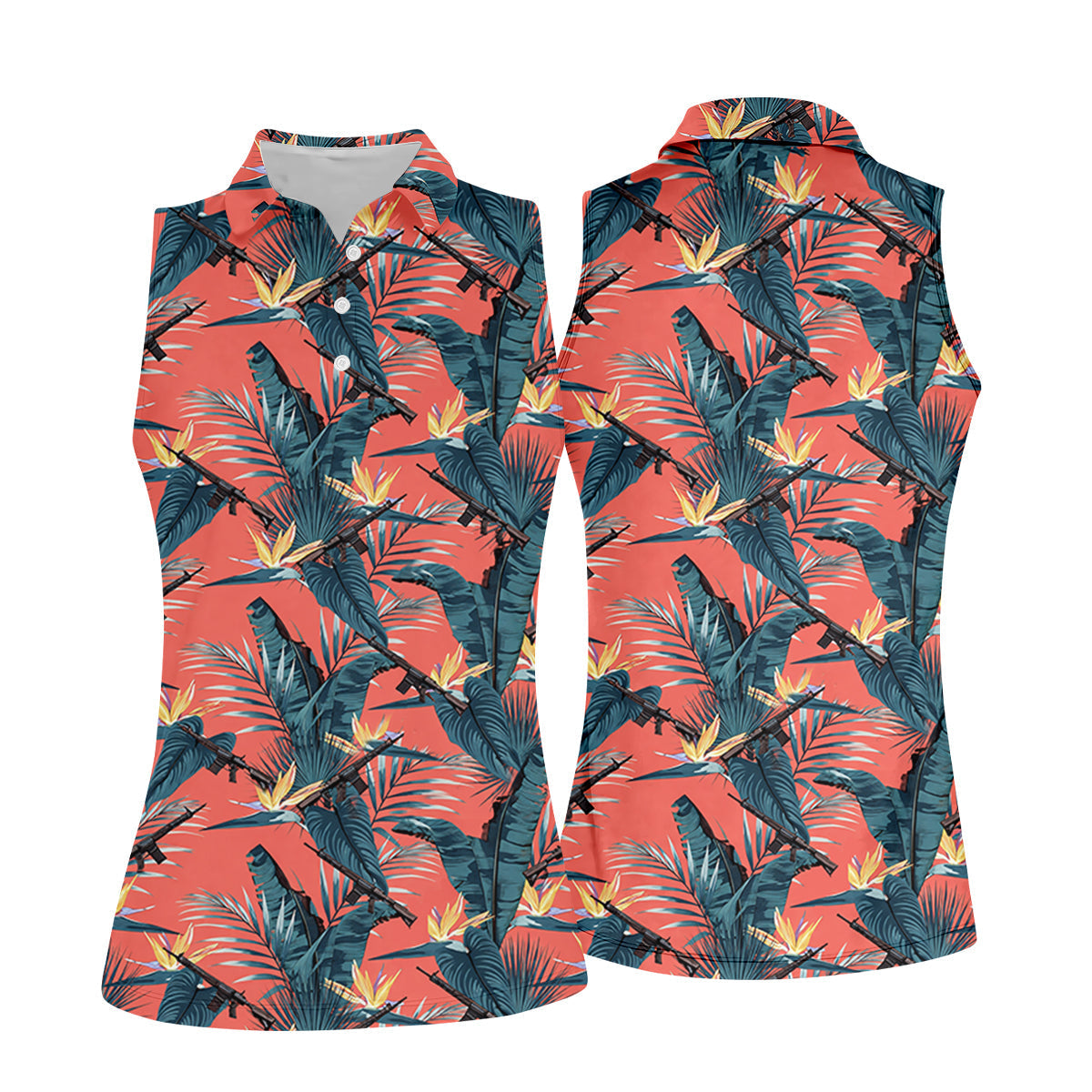 Tropical Palm Leaf And Rifle Pattern Coral Golf Polo, Women’s Golf Apparel, Performance Golf Shirt