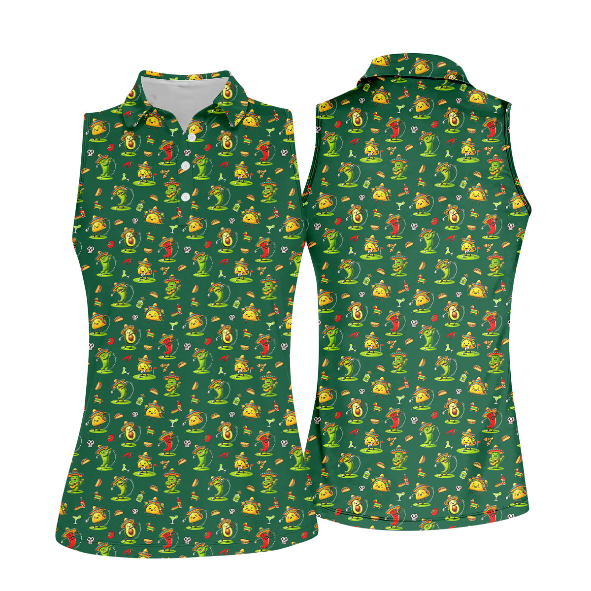 Mexican Cartoon Food Characters Cinco De Mayo Celebration Fiesta Themed Green Golf Shirt For Women