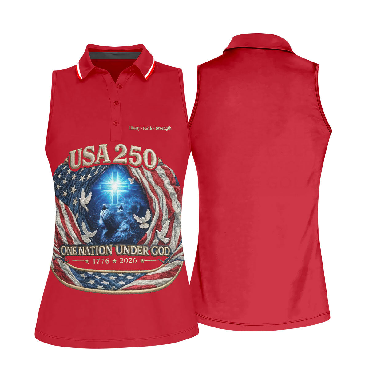 One Nation Under God Faith Cross USA 250 Red Golf Shirt, 4th Of July Golf Shirt For Women