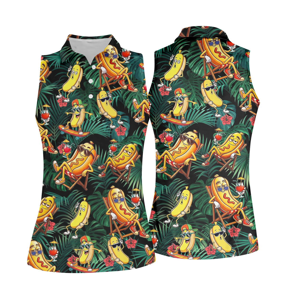 Funny Hot Dog Banana Tropical Hawaiian Golf Shirt, Womens Golf Tops, Ladies Golf Shirts