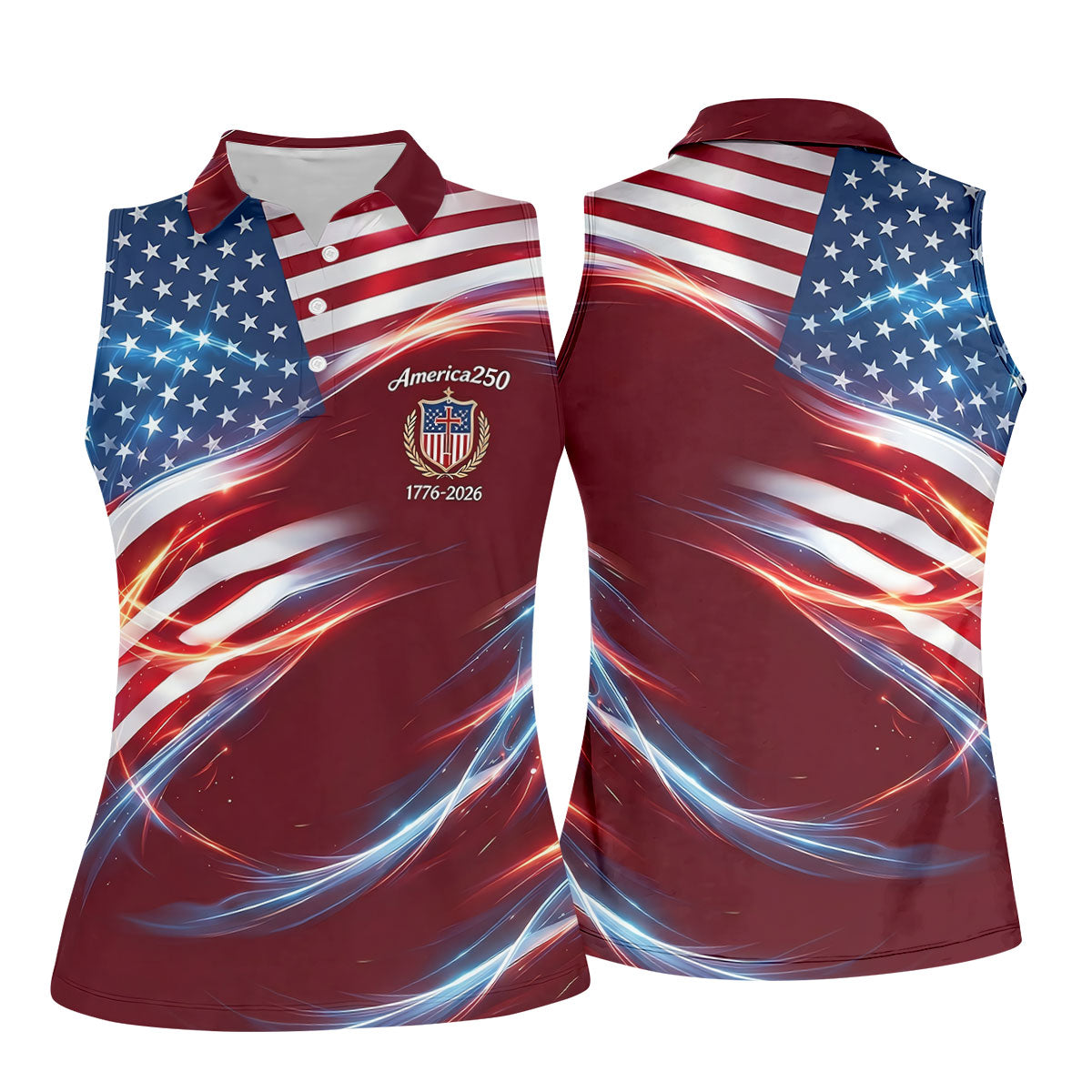 America 250 Light Effect American Flag Golf Shirt, Patriotic 4th Of July Golf Shirt For Women