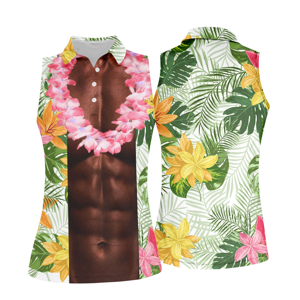 Dark Skin Tropical Muscle Chest Hawaiian Golf Polo Shirt, Ladies Golf Shirts, Golf Polo For Women