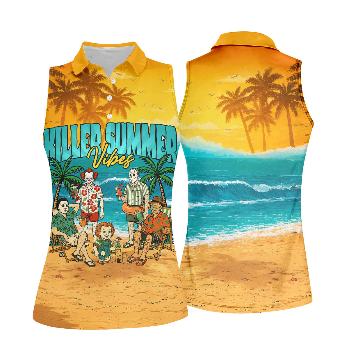 Killer Summer Vibes Horror Beach Party Golf Hawaiian Shirt, Women's Golf Polo, Ladies Golf Tops