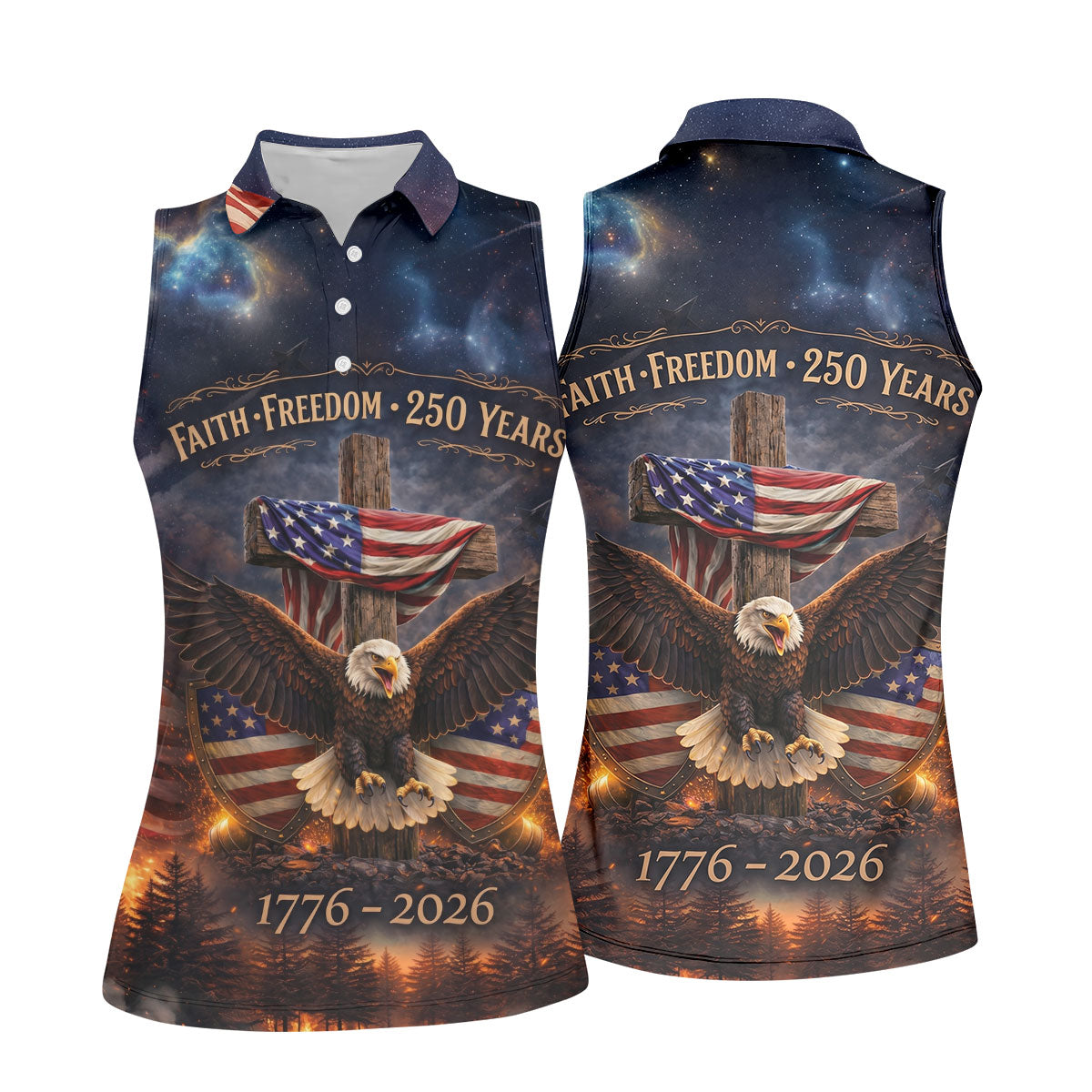Faith Freedom 250 Years Galaxy Pattern US Flag Golf Shirt, Patriotic 4th Of July Golf Shirt For Women