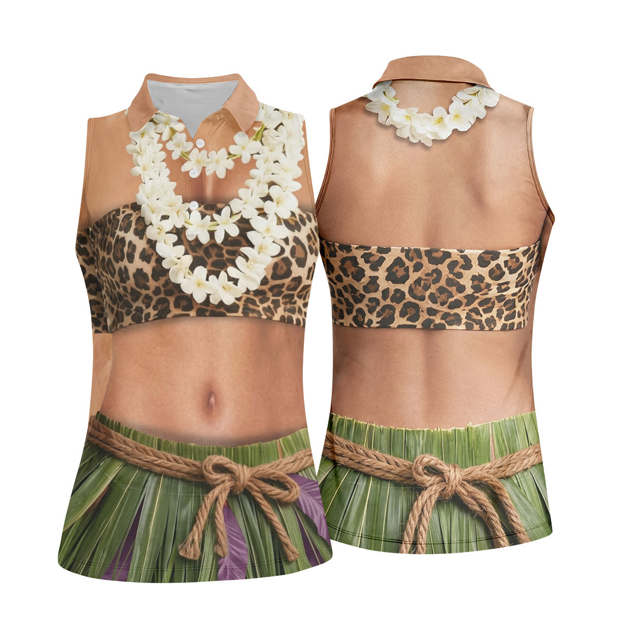 Floral Lei Tropical Theme Party Leopard Print Hawaiian Golf Shirt, Golf Shirt For Women