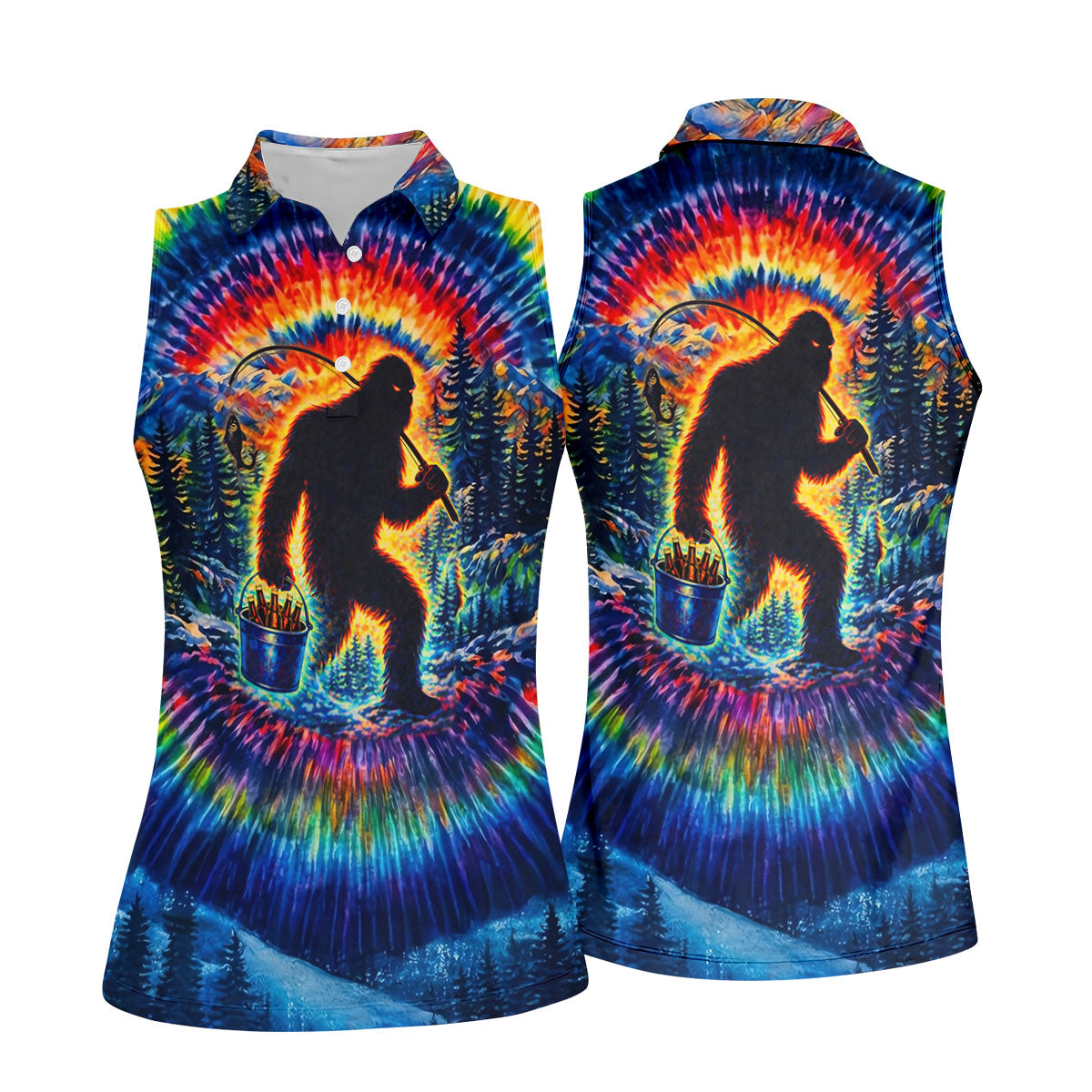 Tie Dye Bigfoot Fishing Forest Golf Shirt, Women’s Golf Apparel, Golf Tops For Women
