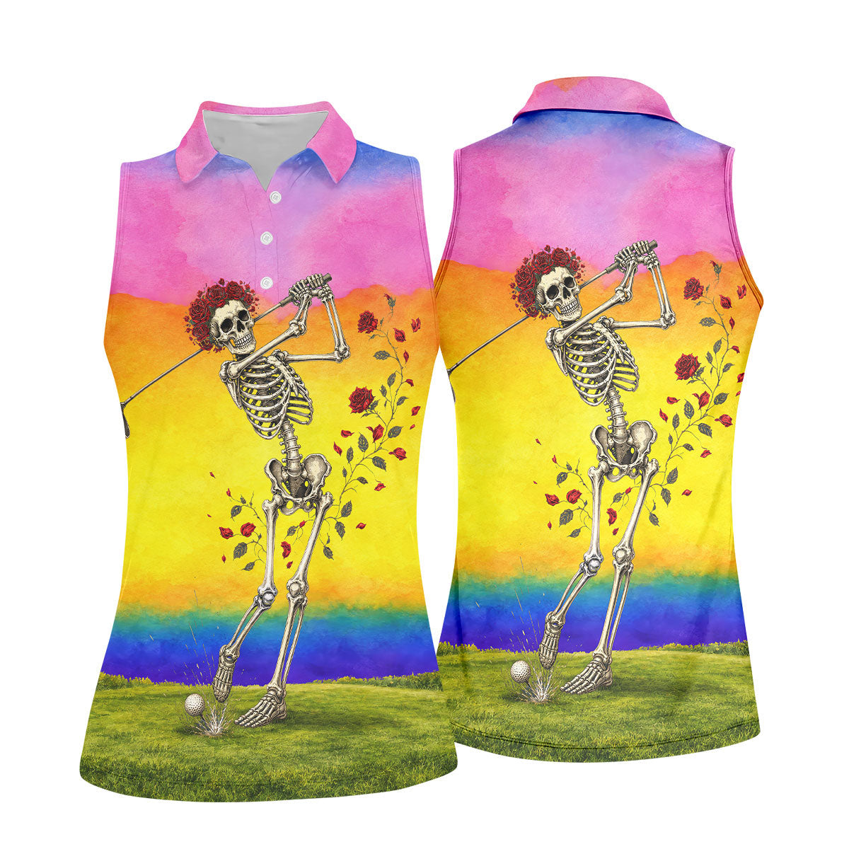 Rainbow Skeleton Golfer Golf Polo Shirt, Women's Golf Polo, Ladies Golf Shirts