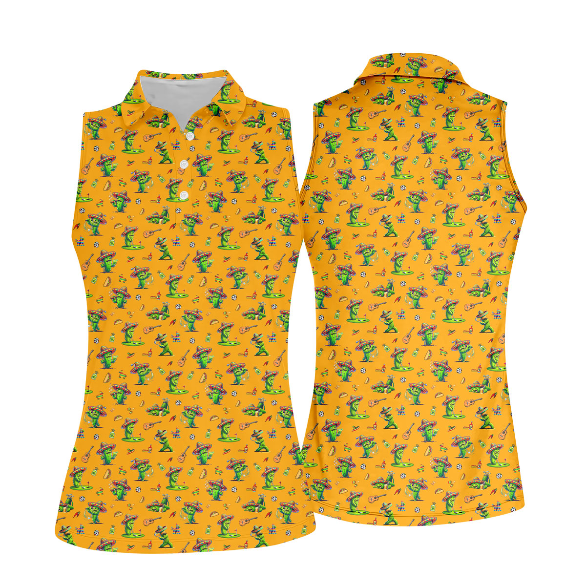 Cartoon Mustach Funny Cactus Cinco De Mayo Celebration Fiesta Themed Orange Golf Shirt For Women