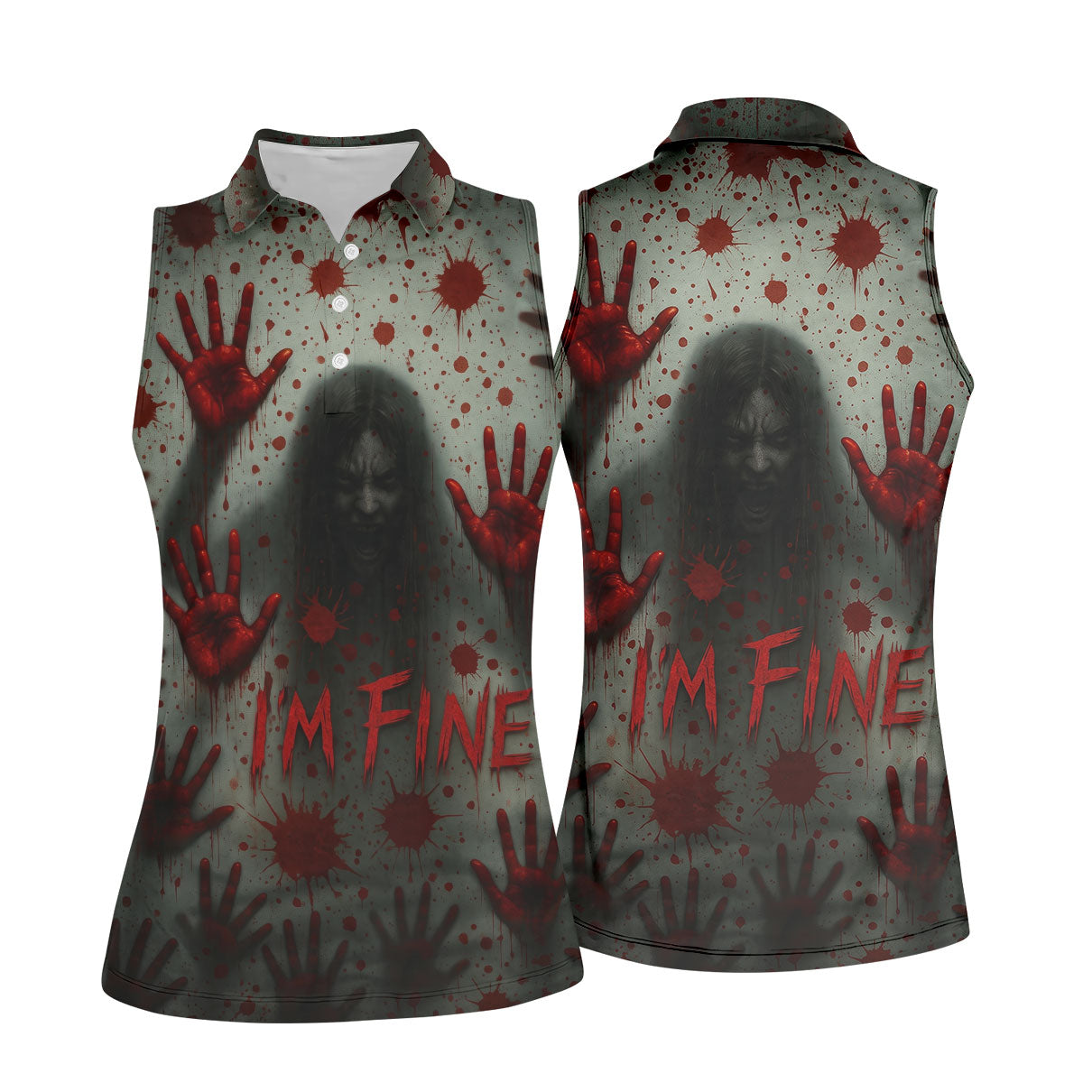 I'm Fine Horror Blood Hand Ghost Halloween Golf Polo Shirt For Women, Ladies Golf Tops