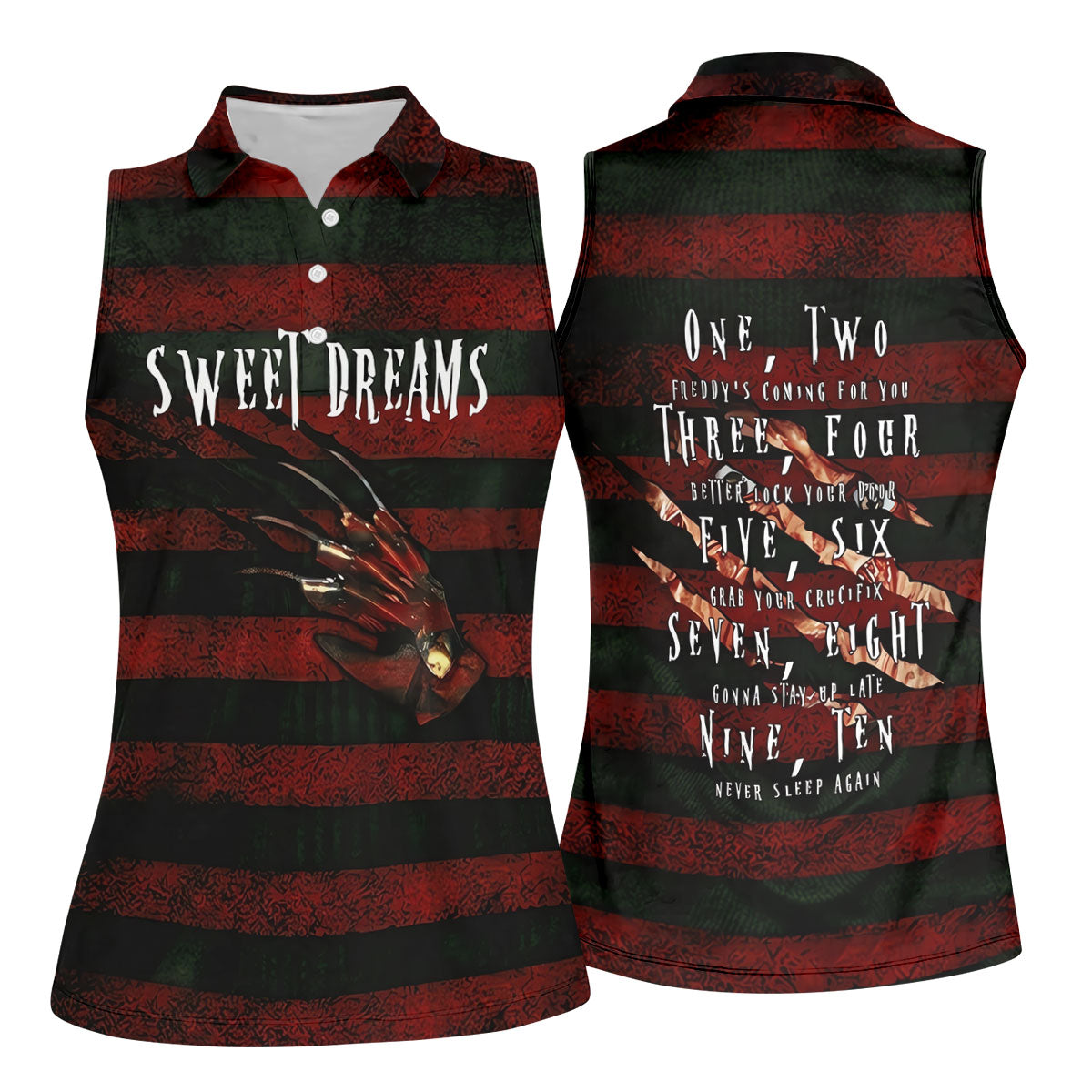 Sweet Dreams Freddy Horror Character Golf Polo Shirt, Ladies Golf Shirts, Women's Golf Polo