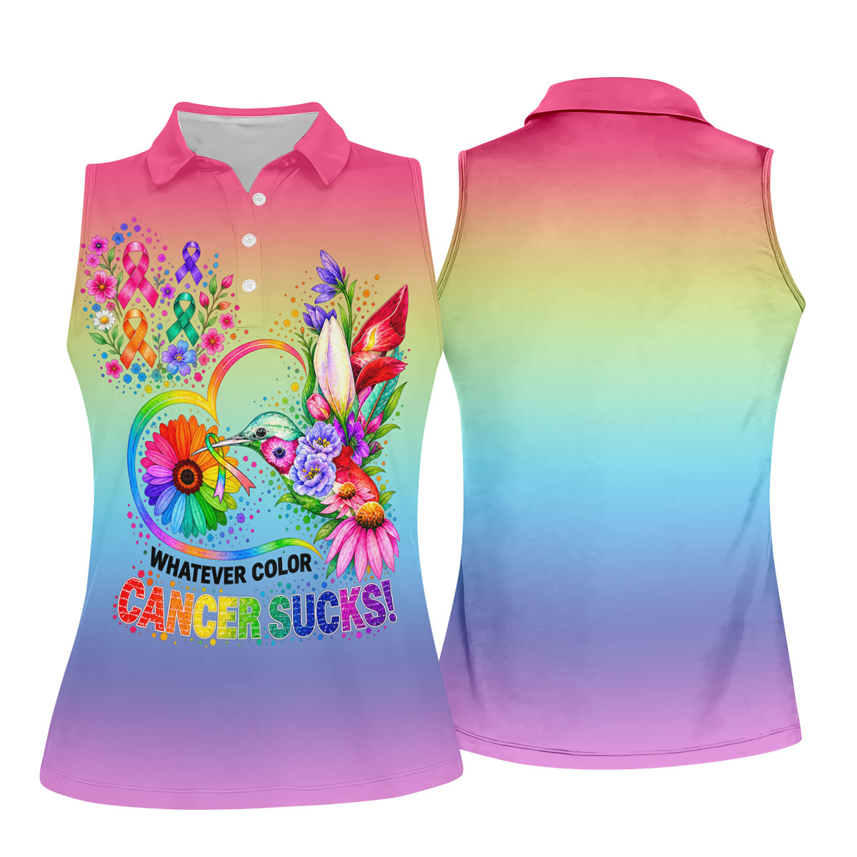 Whatever Color Cancer Sucks Hummingbird Polo Shirt, Ladies Golf Tops, Printed Golf Shirt