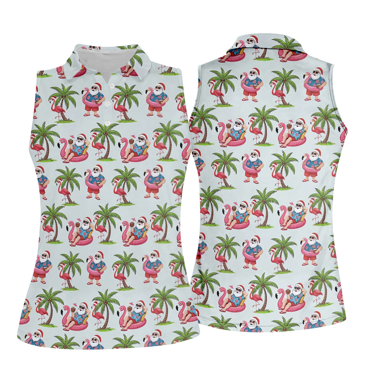 Tropical Santa Flamingo Beach Golf Polo, Ladies Golf Shirt, Performance Golf Shirt