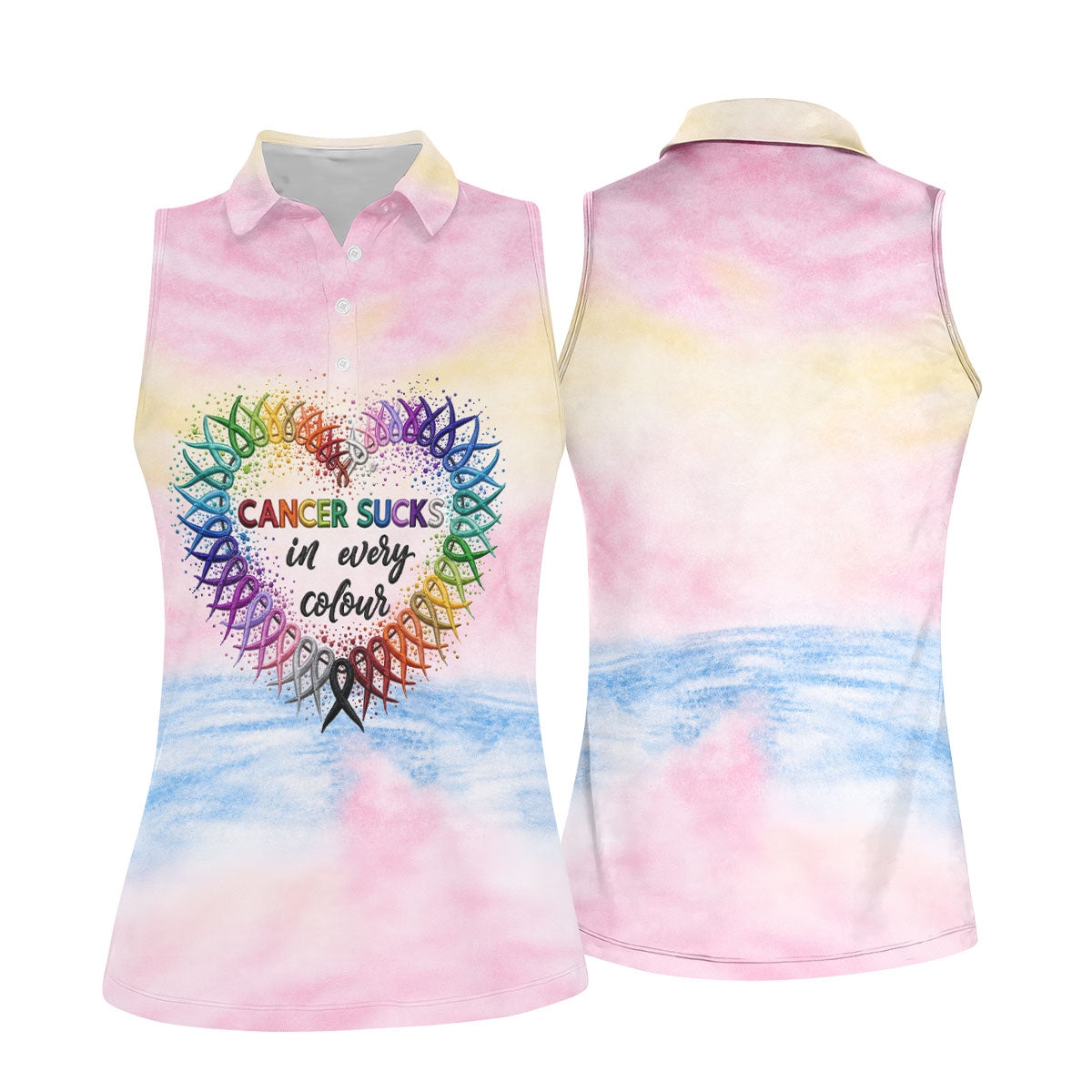 Cancer Sucks In Every Colour Ribbon Heart Polo Shirt, Ladies Golf Tops, Women’s Golf Polo