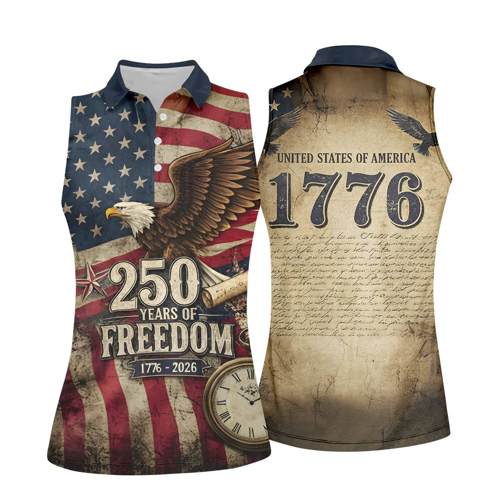 250 Years Of Freedom US Bald Eagle Retro US Flag Ladies Golf Tops, Patriotic 4th Of July Golf Shirt For Women