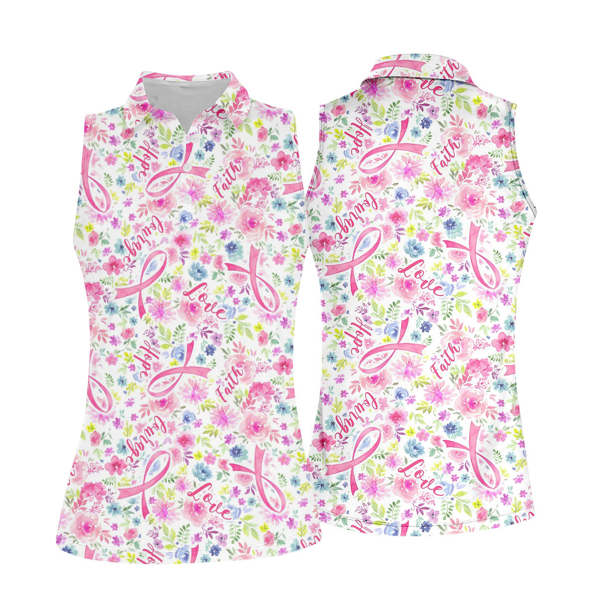 Faith Hope Love Floral Breast Cancer Polo Shirt, Golf Tops For Women, Printed Golf Shirt