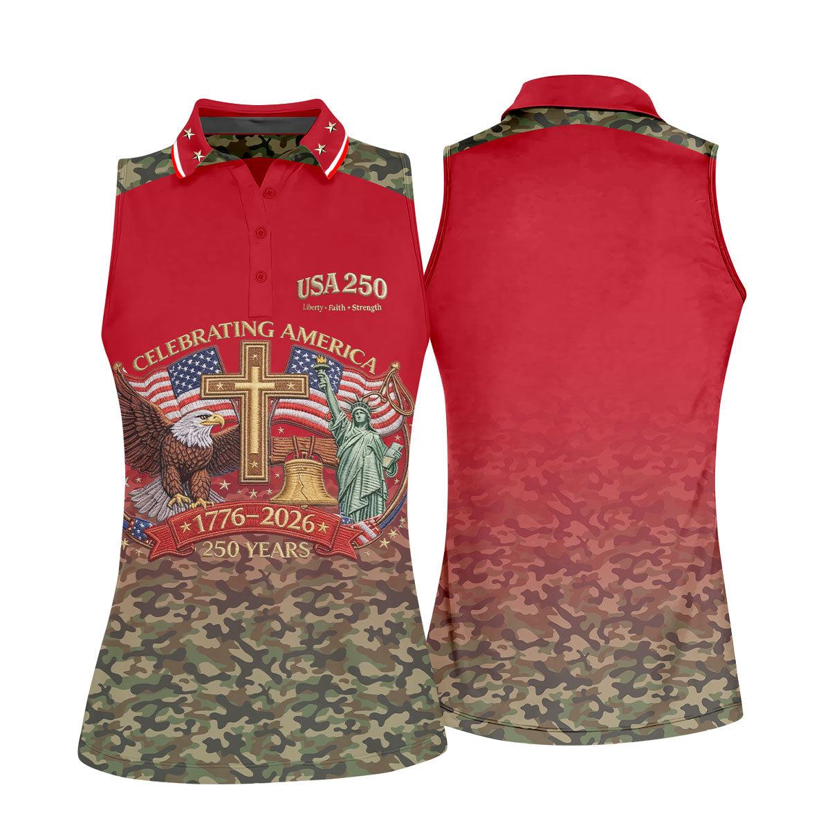 Liberty Faith Strength Faith Cross USA 250 Red Camo Golf Shirt, 4th Of July Golf Shirt For Women