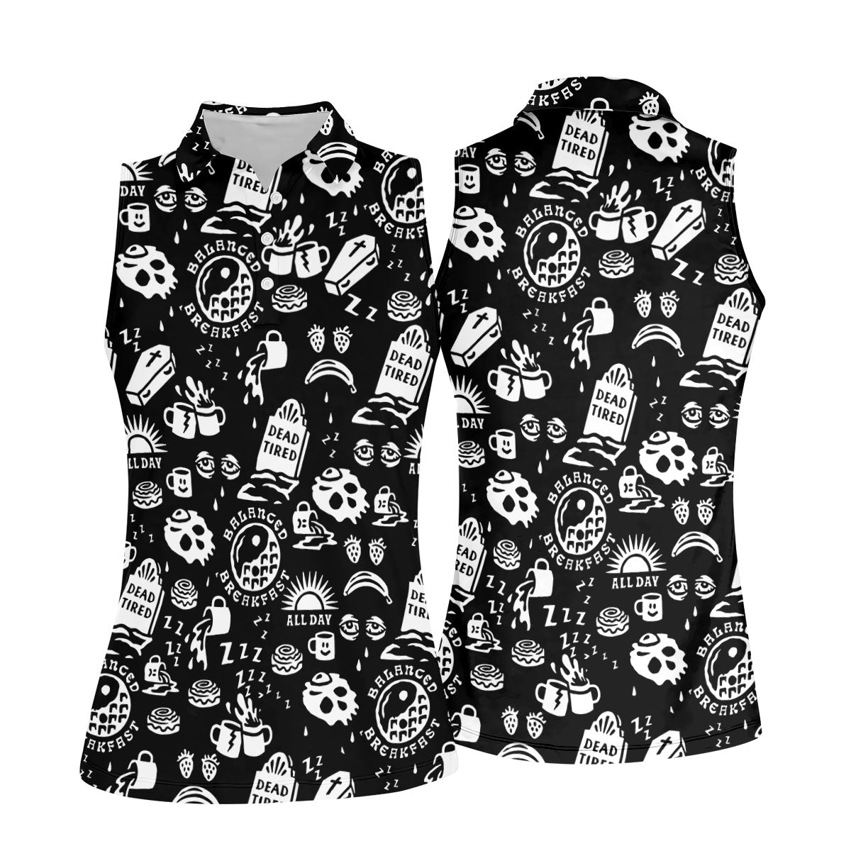 Dead Tired Coffee Breakfast Pattern Golf Shirt, Women's Golf Tops, Golf Shirts For Women