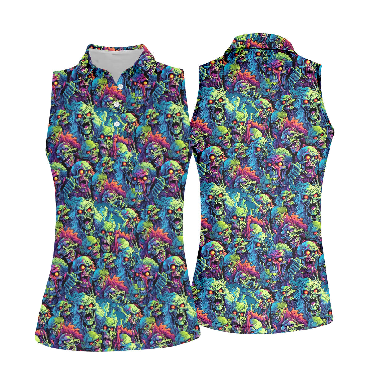 Colorful Zombie Head Pattern Halloween Golf Polo Shirt, Women's Golf Tops, Ladies Golf Shirt