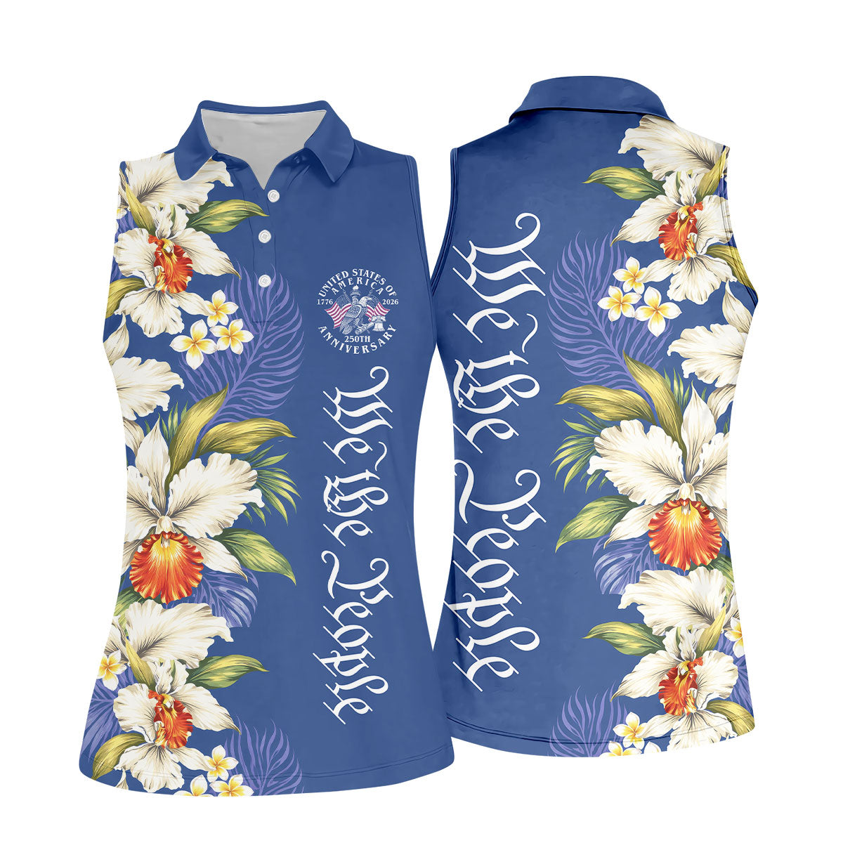 We The People Floral Pattern US Flag Golf Shirt, 250 Years 4th Of July Golf Shirt For Women