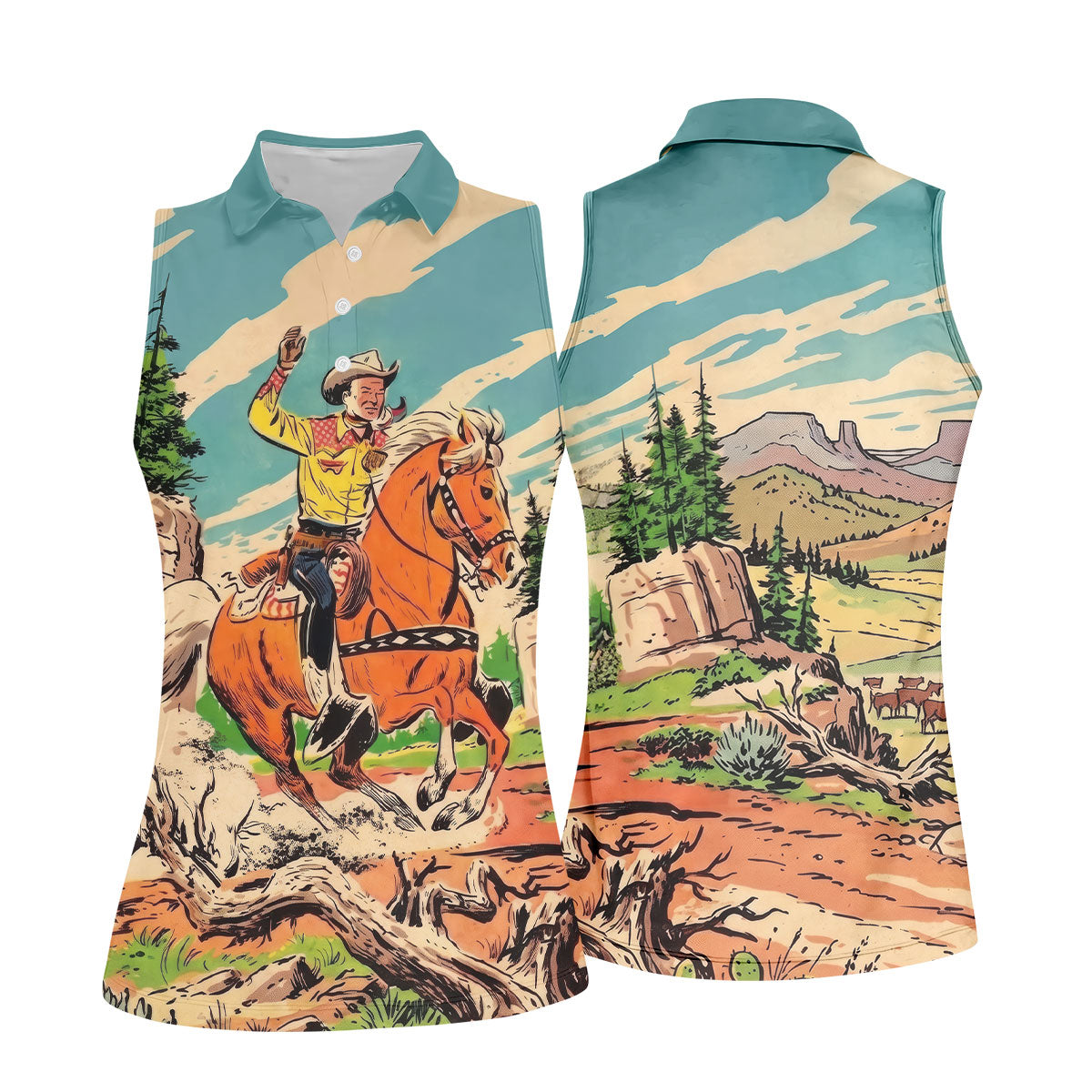 Vintage Cowboy Horse Riding Golf Polo Shirt, Golf Shirts For Women, Ladies Golf Tops