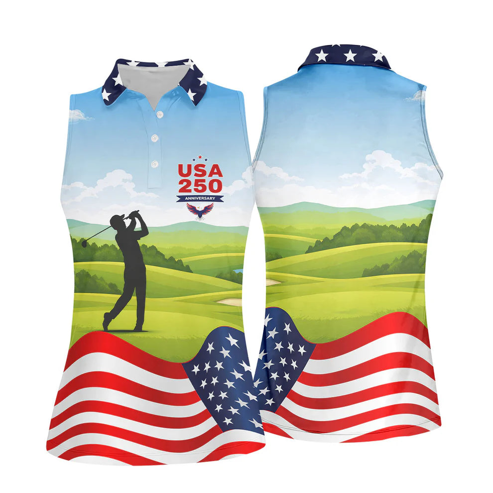 USA 250th Anniversary American Flag Golf Shirt, Patriotic 4th Of July Golf Shirt For Women